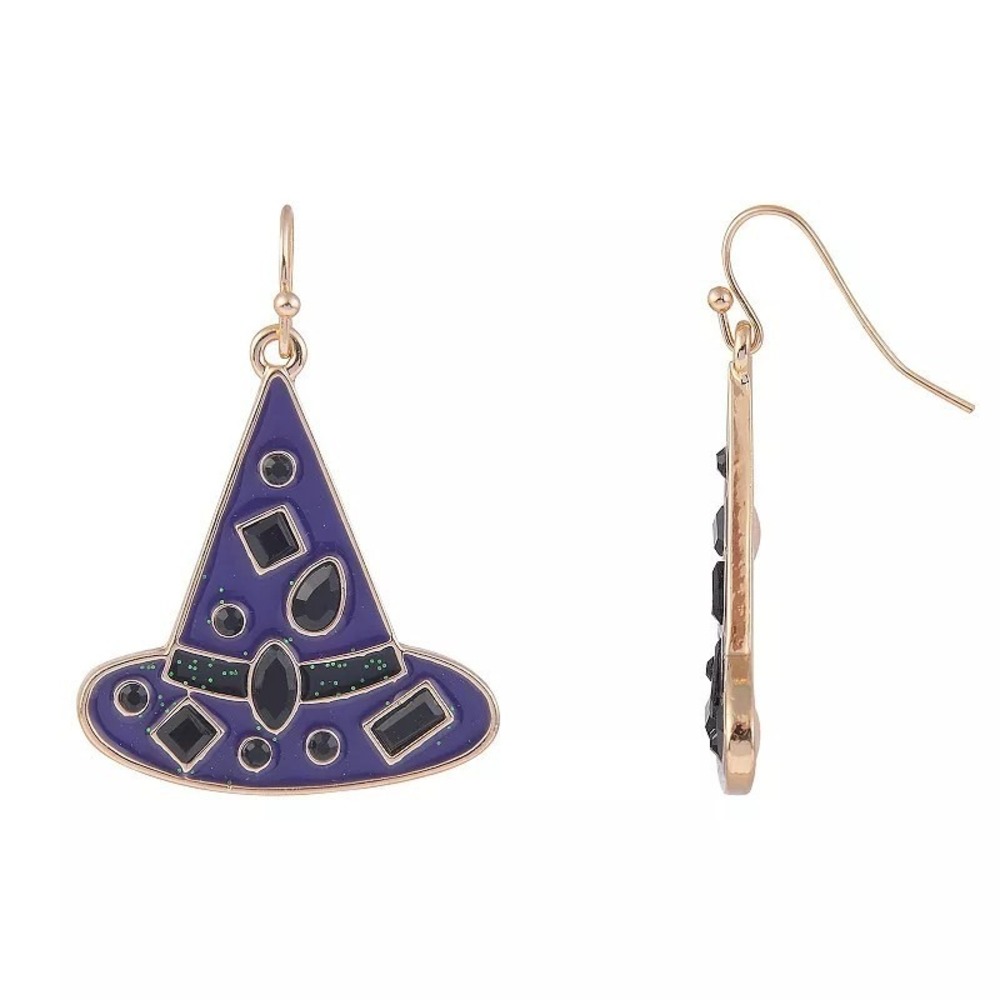 Celeb Together NWT Halloween Witch Hat Dangle Earrings Navy Blue Rhinestone